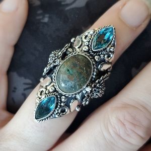 New Chrysocolla & Blue Topaz 925 Silver Statement Ring.
